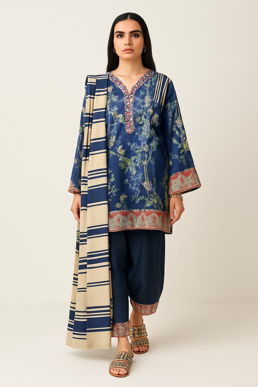 Baroque 3-Piece Linen Suit – Deep Blue Floral with Contrasting Striped Dupatta - Khoobsurat