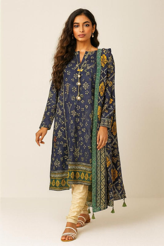 Baroque 3-Piece Linen Suit – Navy Blue with Golden & Green Accents - Khoobsurat