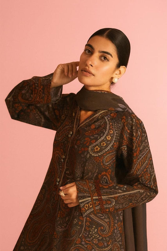Baroque 3-Piece Linen Suit – Deep Brown Paisley Motif - Khoobsurat