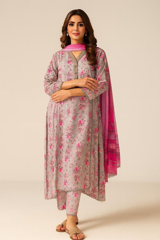 Baroque 3-Piece Cotton Suit – Soft Grey with Pink Florals - Khoobsurat