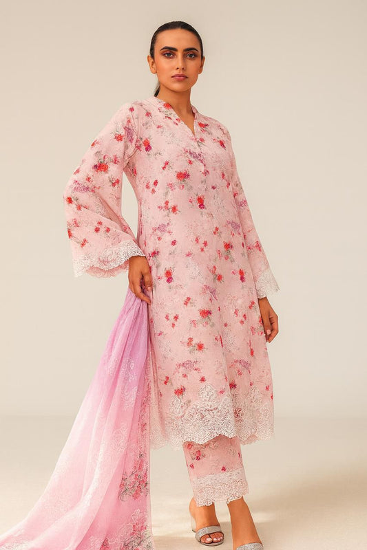 Baroque 3-Piece Embroidered Cotton Suit – Powder Pink with Lace Details - Khoobsurat