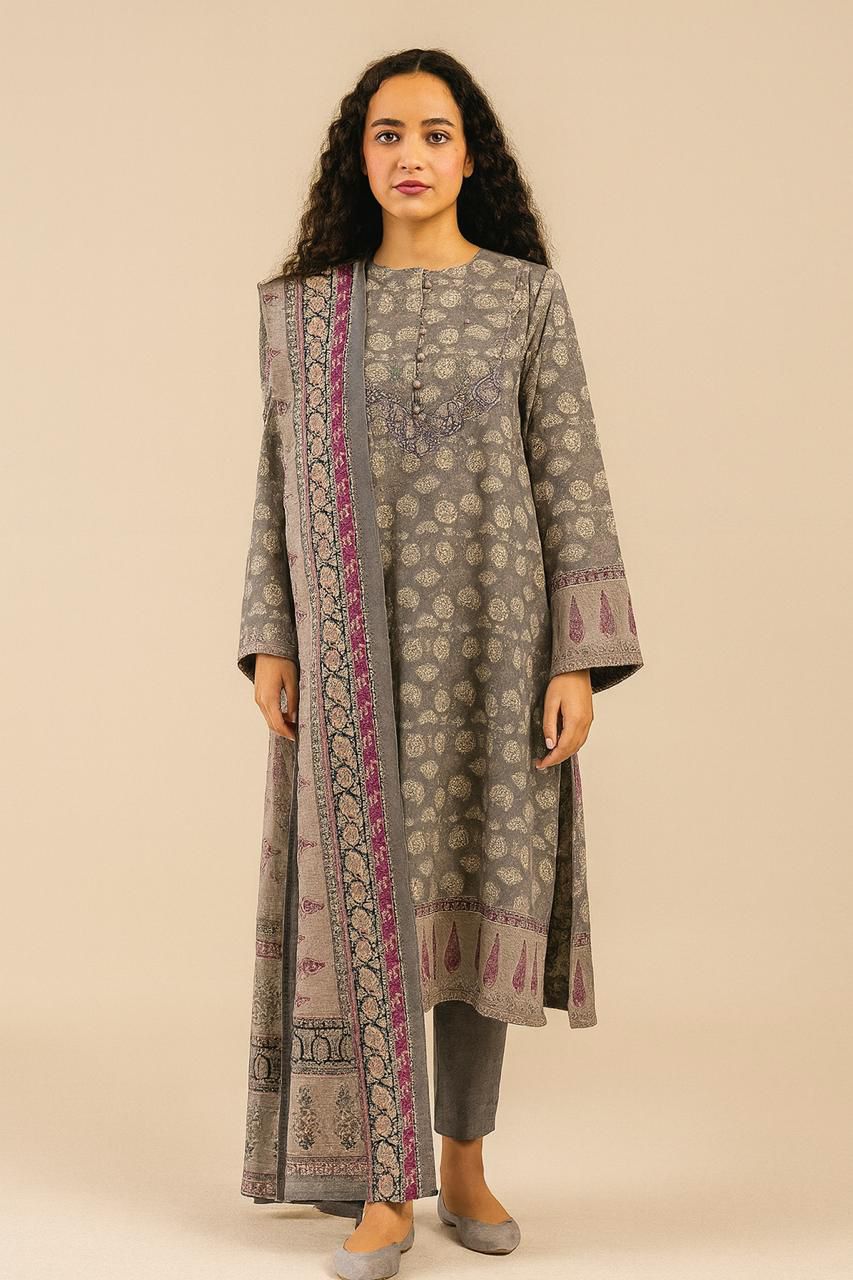 Baroque 3-Piece Linen Suit – Classic Grey with Traditional Motifs - Khoobsurat