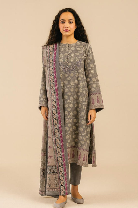 Baroque 3-Piece Linen Suit – Classic Grey with Traditional Motifs - Khoobsurat