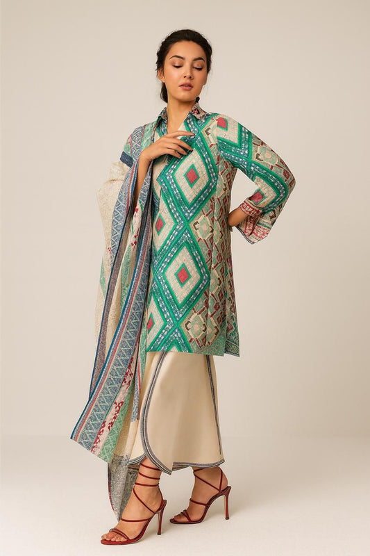 Baroque 3-Piece Linen Suit – Geometric Elegance in Green & Cream - Khoobsurat