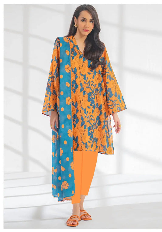 Sunset Bloom - 3 Piece Orange & Blue Lawn Suit | Bold Floral Summer Look Khoobsurat