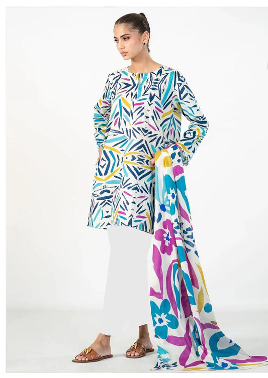 Tropical Vibes - 3 Piece White Multi-Color Lawn Suit | Bold & Modern Summer Style Khoobsurat