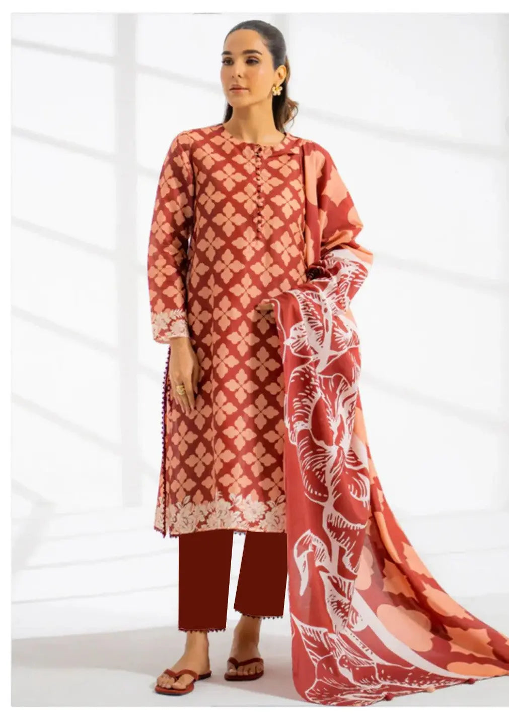 Terracotta Bloom - 3 Piece Printed Lawn Suit | Earthy Elegance Khoobsurat