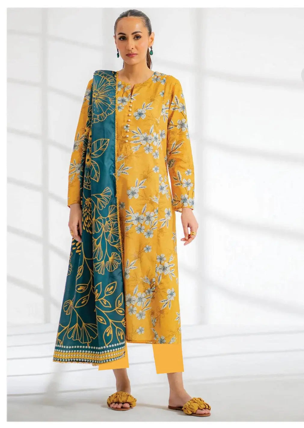 Golden Bloom - 3 Piece Mustard & Teal Lawn Suit | Bold Floral Statement Khoobsurat