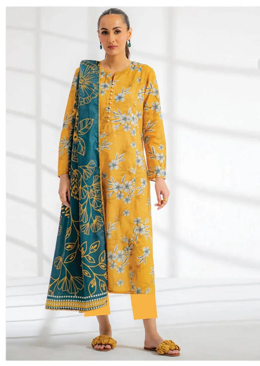 Golden Bloom - 3 Piece Mustard & Teal Lawn Suit | Bold Floral Statement Khoobsurat