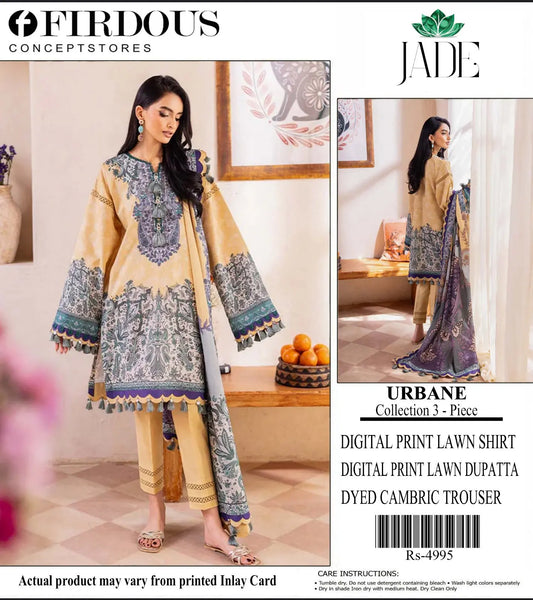 Firdous Jade Peach/Beige Digital Print Lawn Dress - 3 Piece Khoobsurat