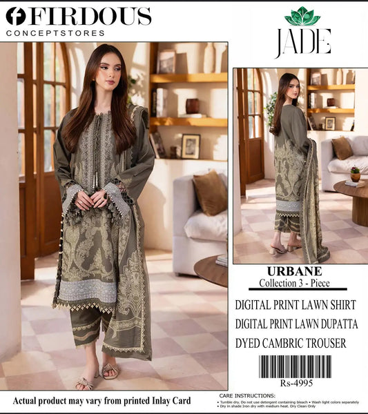 Firdous Urbane Collection 3-Piece Digital Print Lawn Suit - JADE (Grey/Olive) Khoobsurat