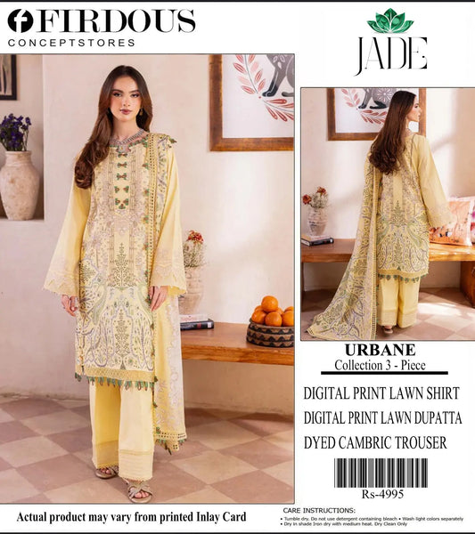 Firdous Urbane Collection 3-Piece Digital Print Lawn Suit - JADE (Light Yellow) Khoobsurat