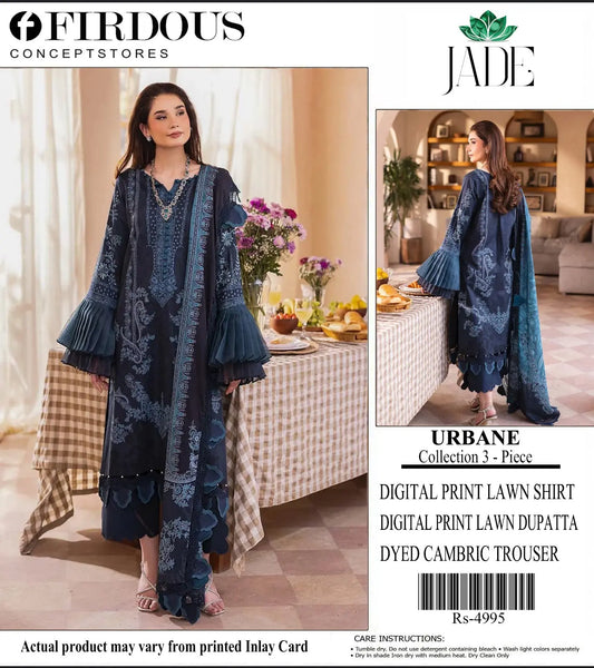 Elegant Dark Blue Digital Print Lawn Suit with Dupatta - Firdous Khoobsurat