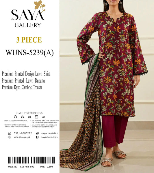 Elegant Maroon Premium Lawn with Dupatta & Trouser Khoobsurat