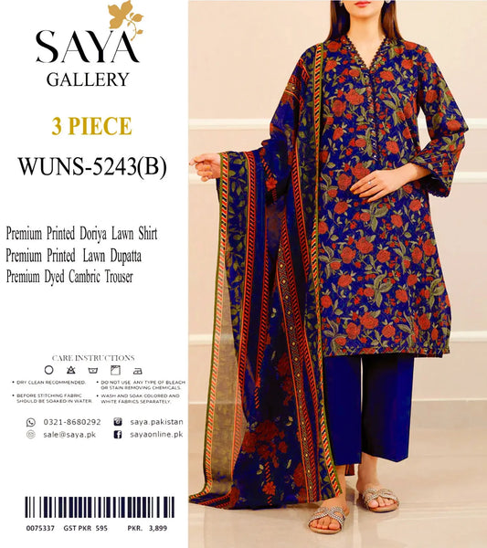 Saya Gallery – WUNS-5243(B) 3-Piece Unstitched Premium Lawn Suit Khoobsurat