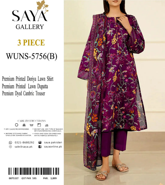 Saya Gallery – WUNS-5756(B) 3-Piece Unstitched Premium Lawn Suit Khoobsurat