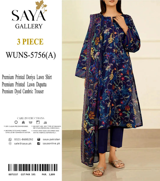 Elegant Navy Blue Printed Lawn Suit with Dupatta - Saya Gallery Khoobsurat
