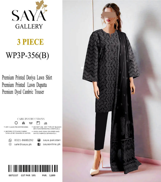 Saya Gallery Black Geometric Print Lawn Dress - WP3P-356(B) Khoobsurat