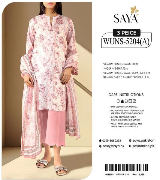 Elegant Pink Printed Lawn Suit with Dupatta - Saya Gallery Khoobsurat