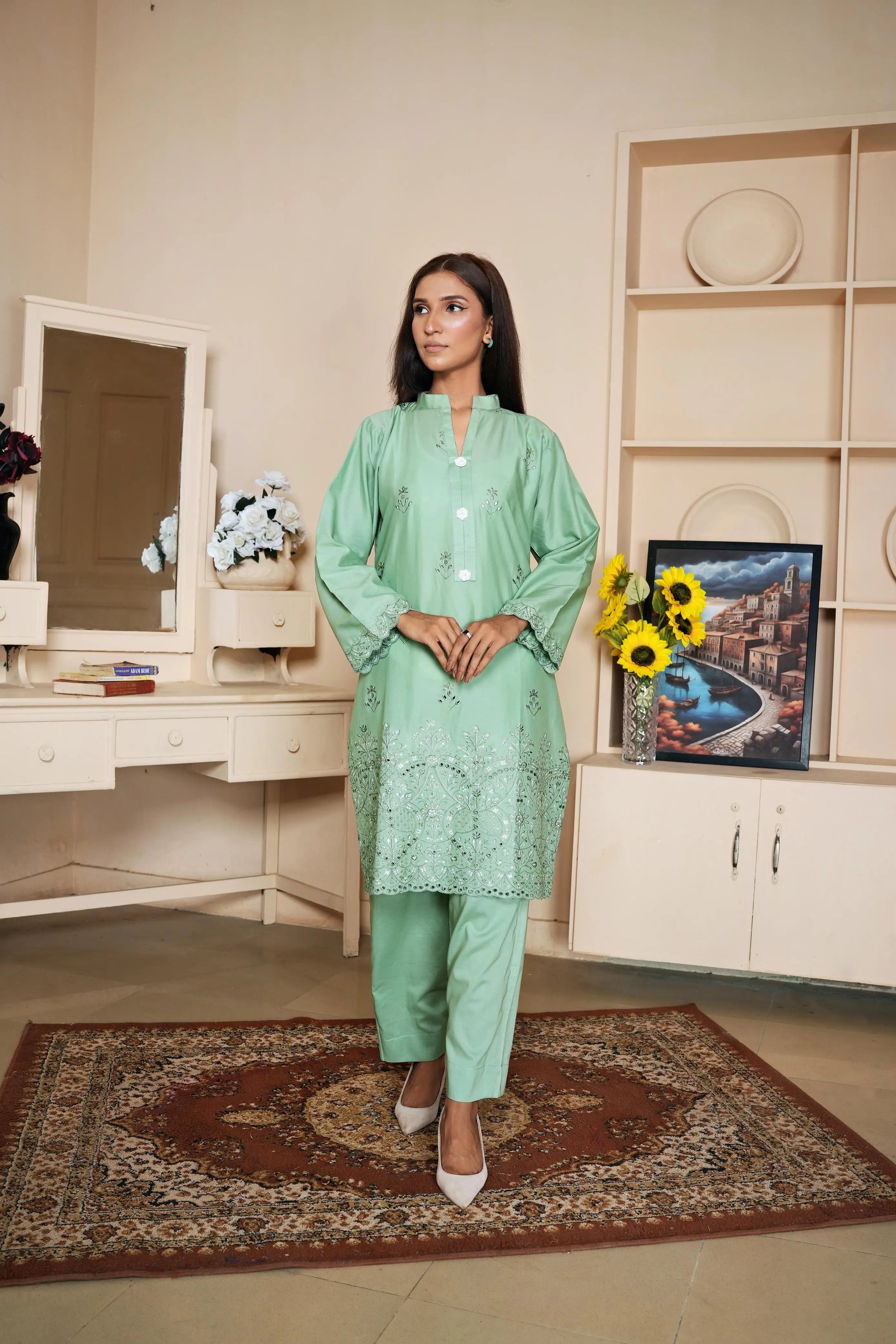 Mint Grace – 2-Piece Embroidered Stitched Lawn Suit Khoobsurat
