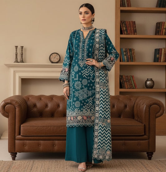 Hooriya Gold Viscose 3 Piece – Teal Blue Festive Radiance - Khoobsurat