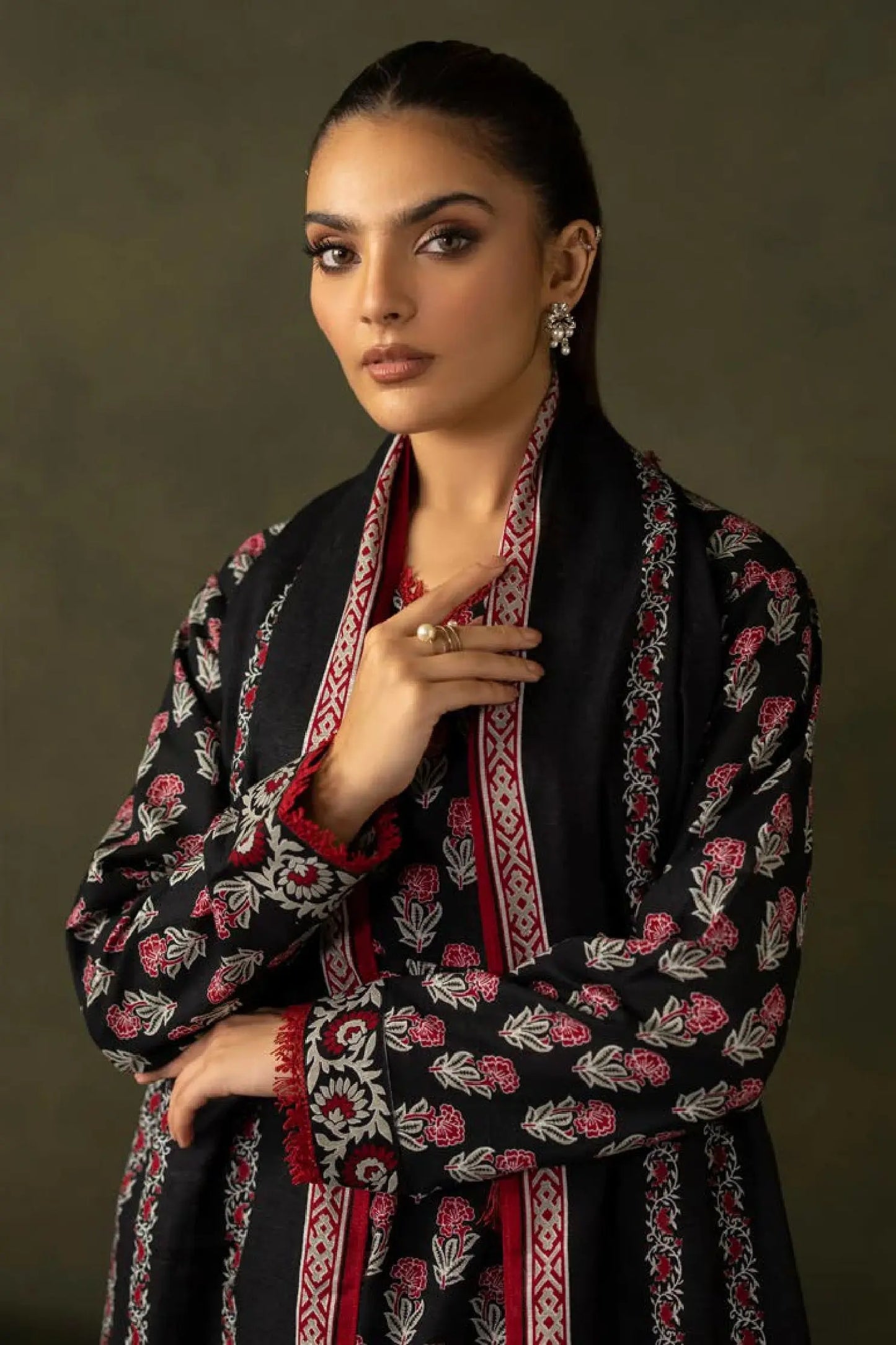 Black & Red Floral Lawn 3-Piece Suit | Elegant Tassel-Detail Kurta | Khoobsurat Summer '25 Khoobsurat