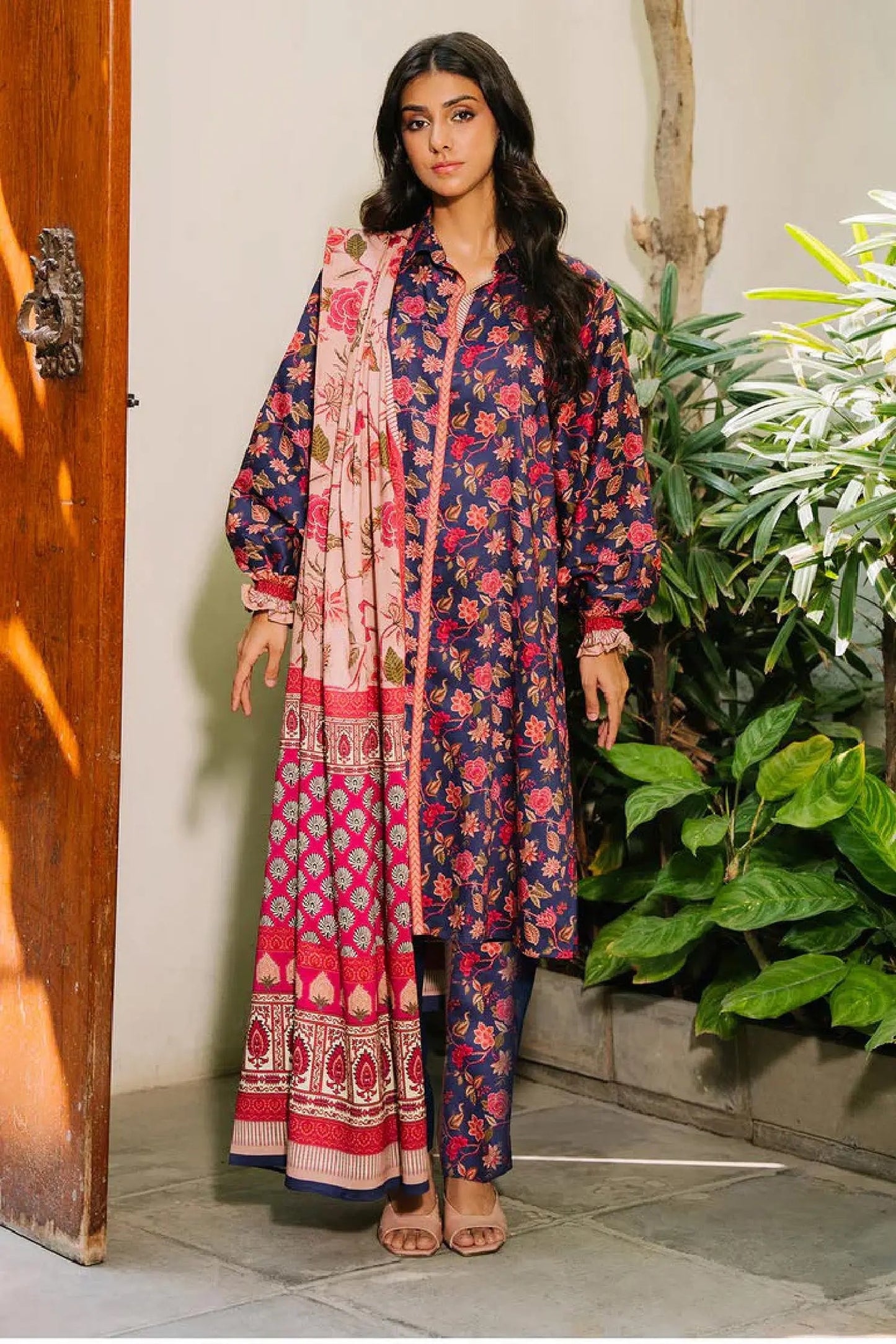 Navy Blue & Pink Floral Lawn 3-Piece Suit | Bold & Timeless | Khoobsurat Summer 2025 Khoobsurat