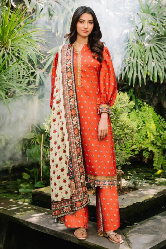 Burnt Orange & Ivory Floral Lawn 3-Piece Suit | Festive Summer Charm | Khoobsurat 2025 Khoobsurat