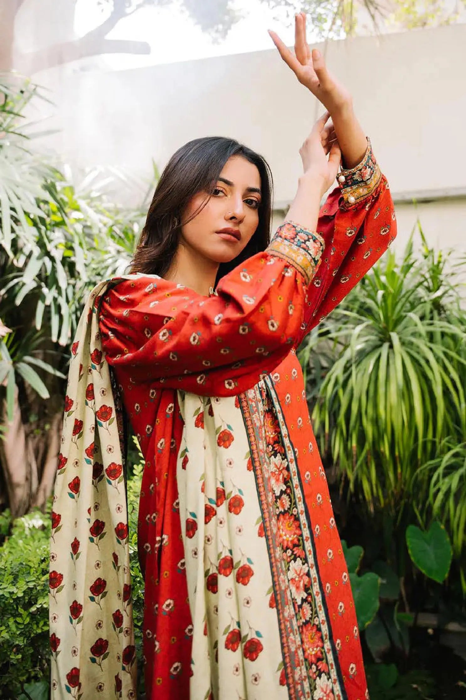 Burnt Orange & Ivory Floral Lawn 3-Piece Suit | Festive Summer Charm | Khoobsurat 2025 Khoobsurat