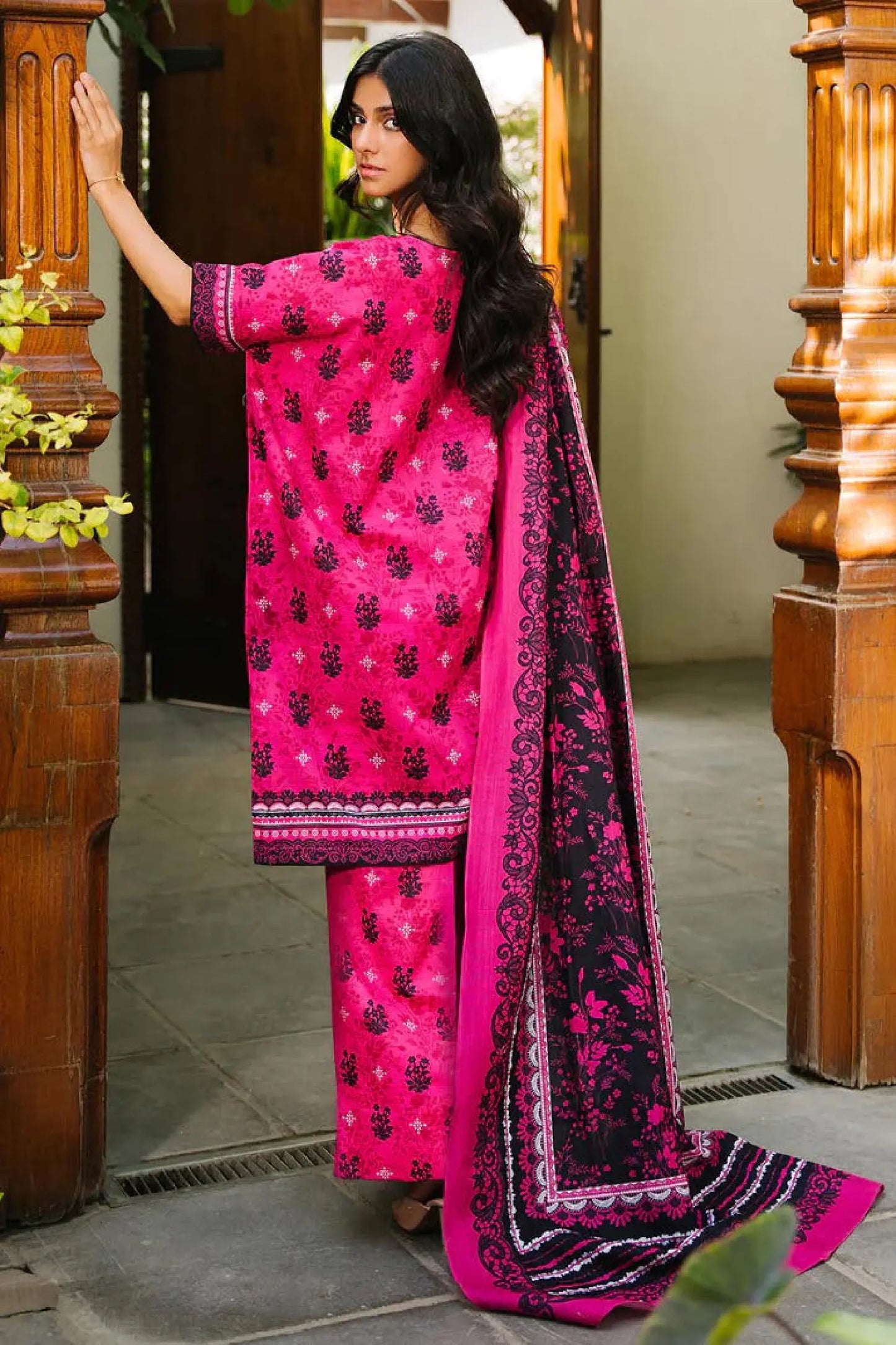 Fuchsia Pink & Black Floral Lawn 3-Piece Suit | Vibrant Summer Edit 2025 by Khoobsurat Khoobsurat