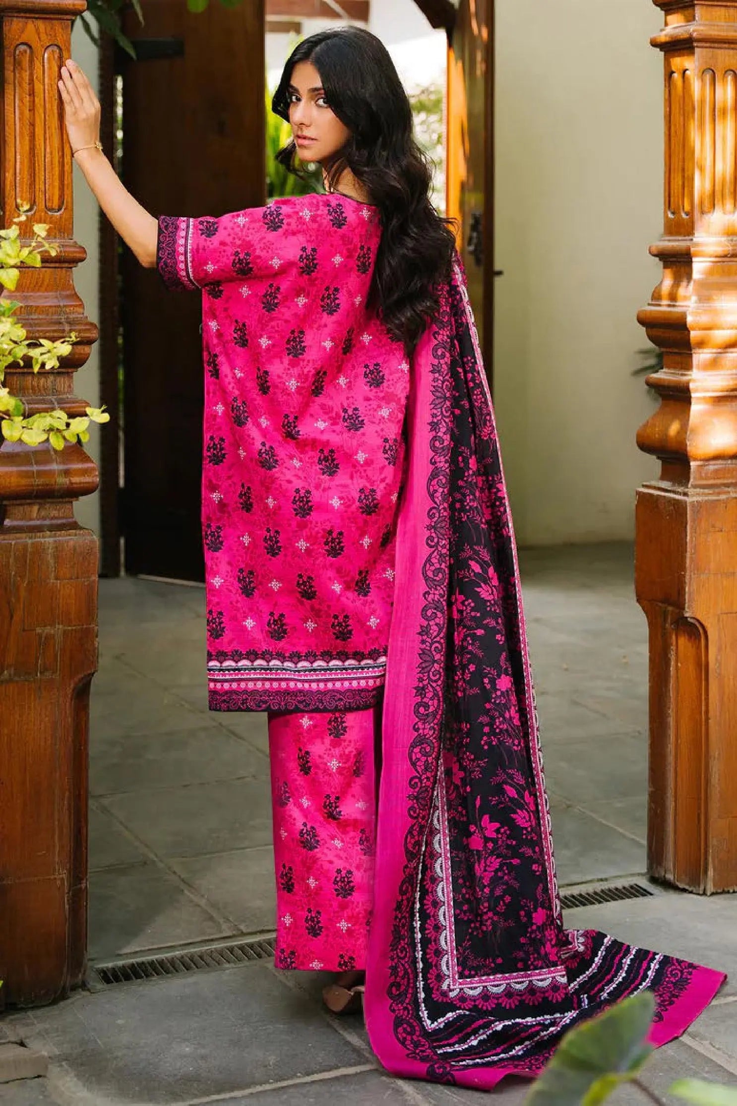 Fuchsia Pink & Black Floral Lawn 3-Piece Suit | Vibrant Summer Edit 2025 by Khoobsurat Khoobsurat